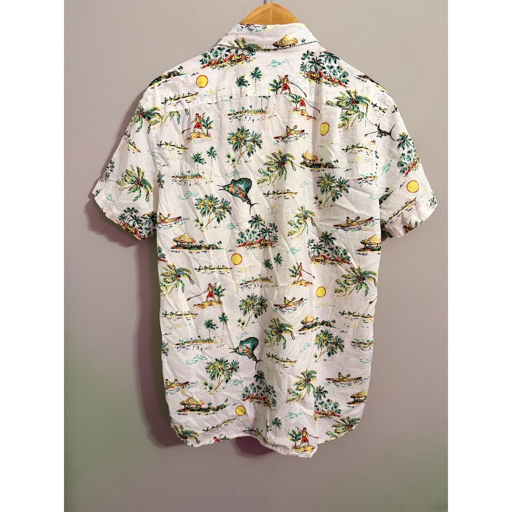 J Crew Mens Short Sleeve Hawaiian Shirt Tropical Sailfish Palm Tree Print Medium - Picture 4 of 4